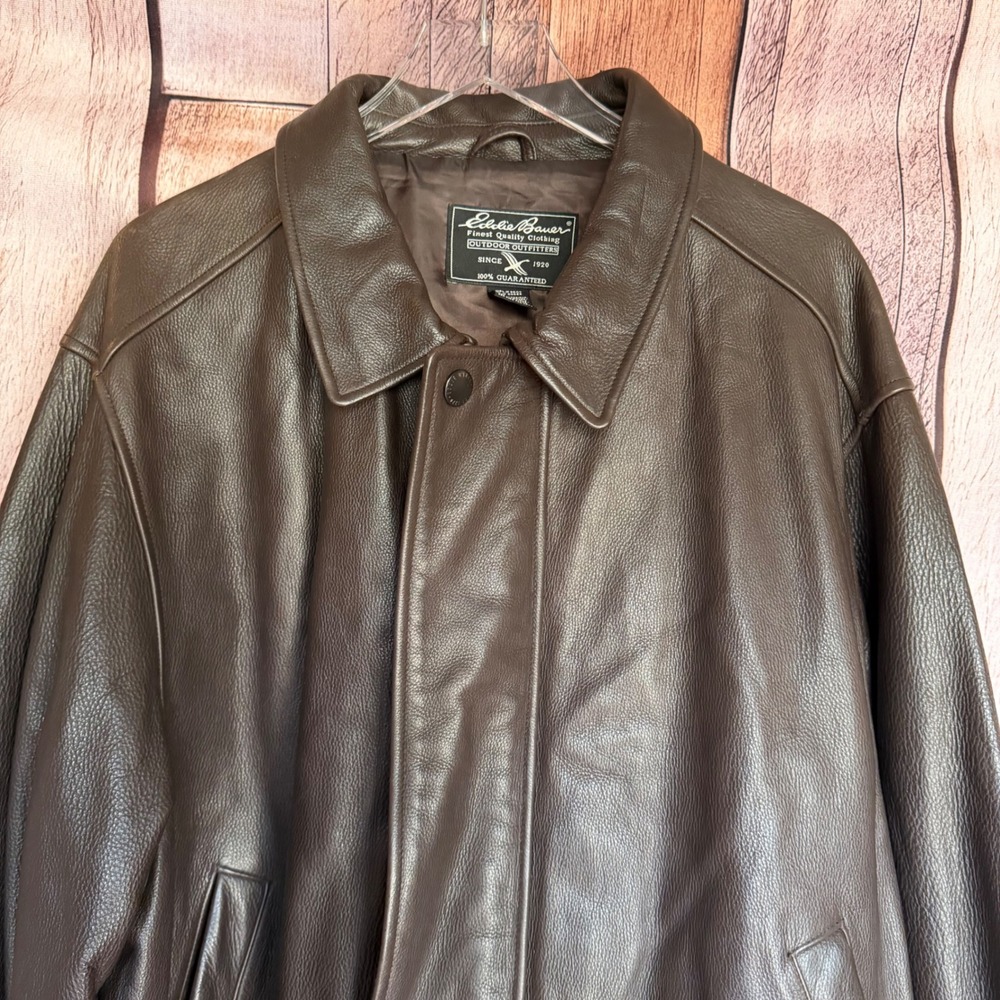 Eddie Bauer Leather Bomber Jacket Brown Heritage Classic Y2K Genuine Size XXL - Picture 3 of 9